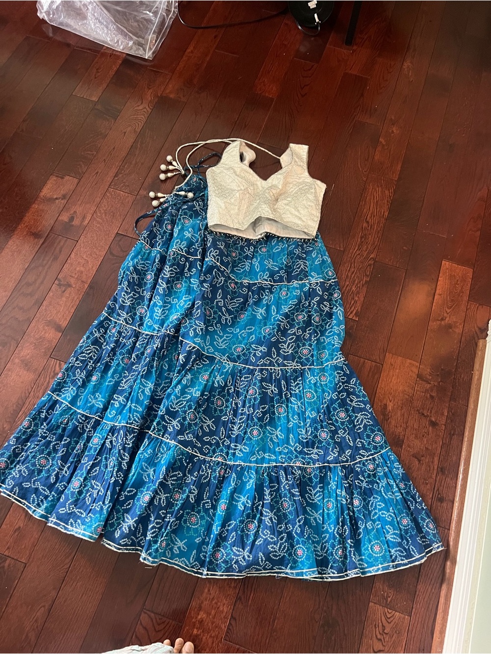 Bombay Blue Printed Lehenga with Cream Blouse